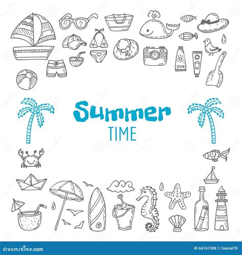 Cute Hand Drawn Summer Time Collection Beach Theme Doodle Set Stock