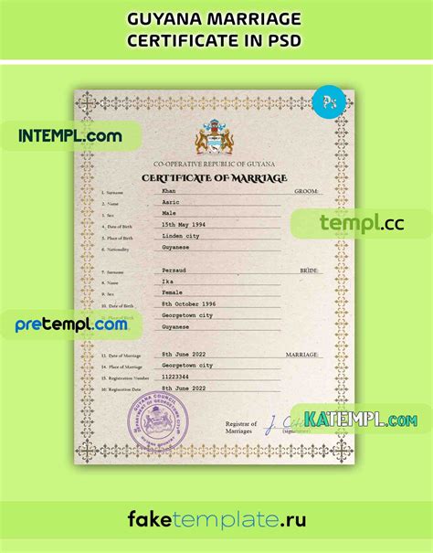 Guyana Marriage Certificate PSD Download Template