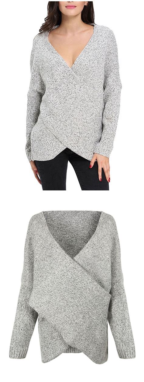 joeoy women s gray criss cross wrap front v neck long sleeve knit sweater jumper long sleeve