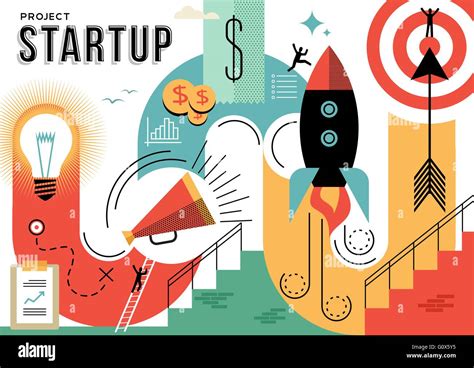 Project Startup Illustration In Flat Art Line Style With Business