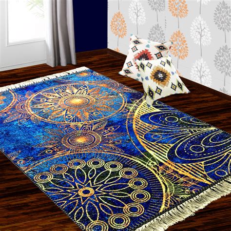 Silk Carpet Modern Design Collection Blue Mandala Living Room Rug