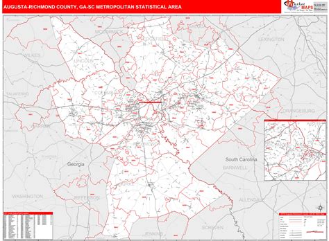 Augusta Richmond County Ga Metro Area Wall Map Red Line Style By Marketmaps