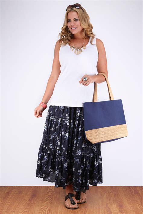 Navy Blue Floral Ditsy Print Maxi Skirt With Crochet Detail Plus Size