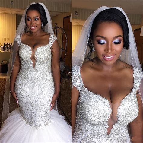 African Style Plus Size Mermaid Wedding Dresses 2018 Cap Sleeves Beaded