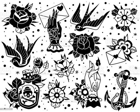 Old School Traditional Tattoo Flash Black White Icons Pack With
