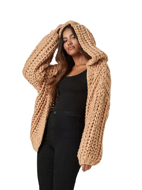 Hand Knit Hooded Cardigan In Stone Missguided