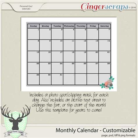 Gingerscraps Templates Monthly Calendar Customizable