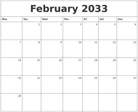 February 2033 Monthly Calendar