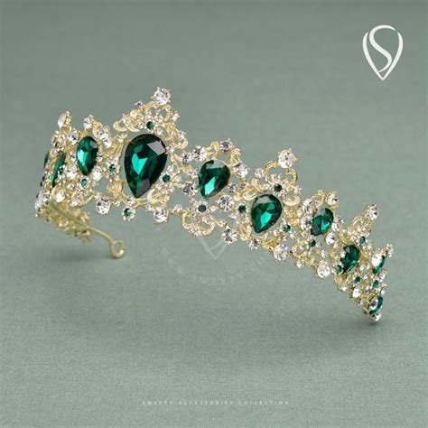 Light Gold Wedding Crown Vintage Bridal Tiara Emerald Rhinestone