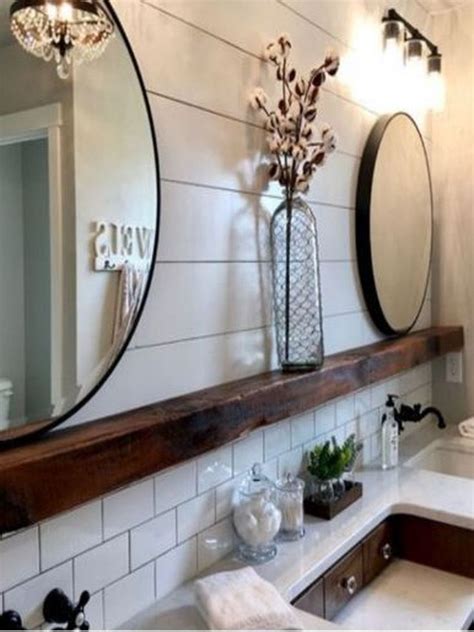 Round mirrors with gentle curved shapes can give the room a softer touch as well as adding space and light mirrors are not only a stylish decoration they are also a practical necessity in your everyday life. Bathroom idea with subway tile, shiplap and floating wood ...