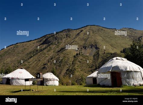 Yurts In Campground At Kaindy Lake With Landslide Prone Kungey Alatau