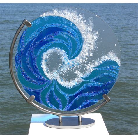 Blue Wave 39cm Diameter On Brushed Steel Stand Fused Glass Sea Glass Art Stained Glass Art