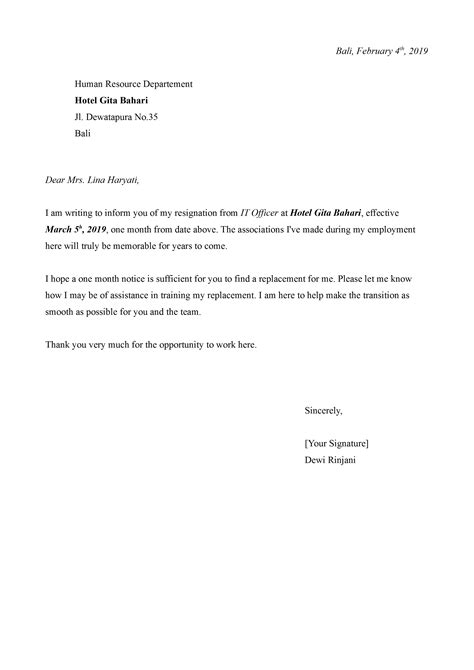 Sample Of Resignation Letter One Month Notice Database Letter Template Collection