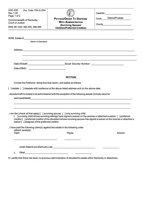 Fillable Form Aoc 830 2005 Petitionorder To Dispense With Administration Form Printable Pdf