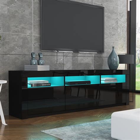 200cm Modern Wooden Tv Unit Side Cabinet Rgb Led High Gloss Front Black