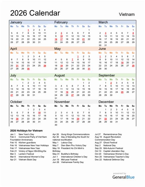 Annual Calendar 2026 With Vietnam Holidays