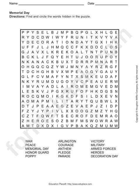 Memorial Day Word Search Puzzle Template Printable Pdf Download