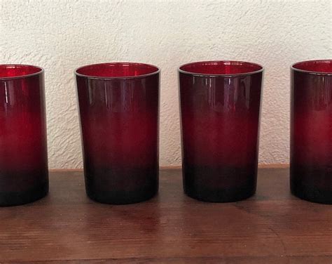 Vintage Ruby Glass Tumblers Set Four Glasses Red Drinking Etsy
