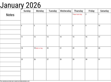 January 2026 Calendar With Notes And Holidays Handy Calendars