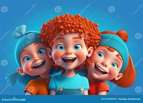 Three Happy Smiling 3d Redheaded Girls Are Isolated On A Blue