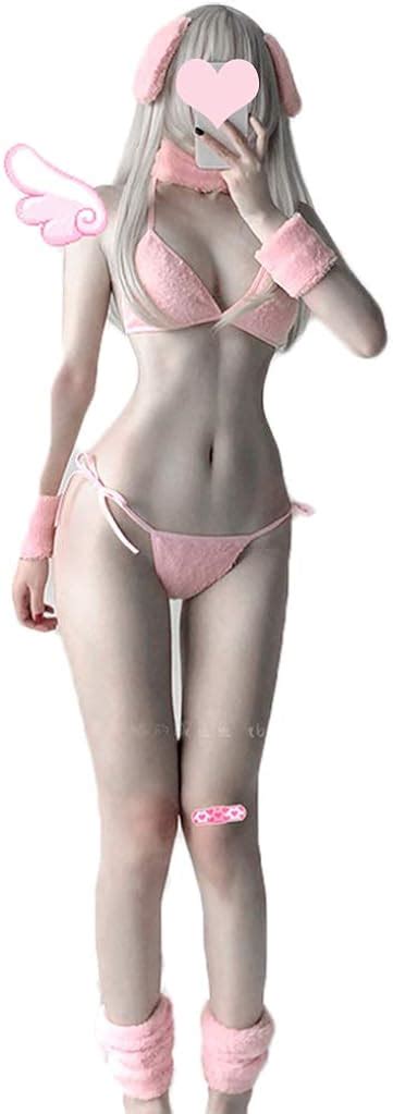 Women Sexy Lingerie Set Furry Bunny Cosplay Costume Japanese Anime Micro Bikini Pink Bra And
