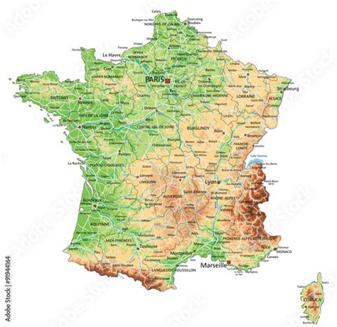 High Detailed France Physical Map With Labeling Stock Vector Adobe Stock