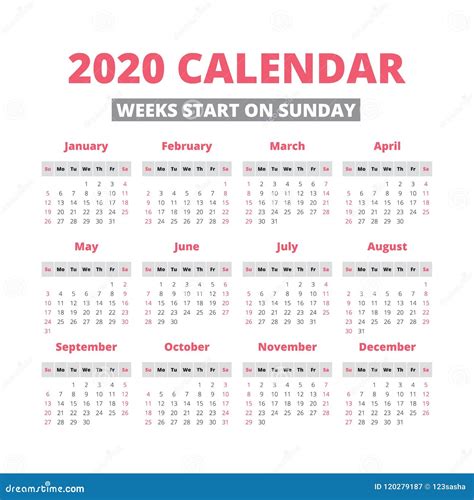 Simple 2020 Year Calendar Stock Vector Illustration Of Simple 120279187