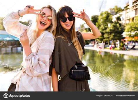 Fashion Lifestyle Portrait Two Young Hipster Girls Best Friends