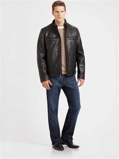 Cole Haan Grainy Leather Moto Jacket In Black For Men Lyst
