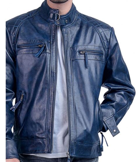 Mens Quilted Motorcycle Leather Blue Racer Jacket Jackets Expert