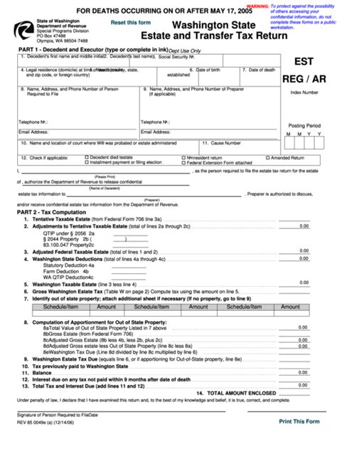 Fillable Form Rev 85 0049e Washington State Estate And Transfer Tax