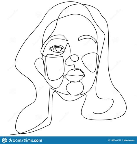 Continuous Line Drawing Of Set Faces And Hairstyle