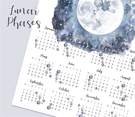 Lunar Calendar 2019 Printable Moon Phases Yearly Overview Etsy