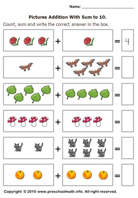 Basic Addition Worksheets With Sum To 10 Kindergarten