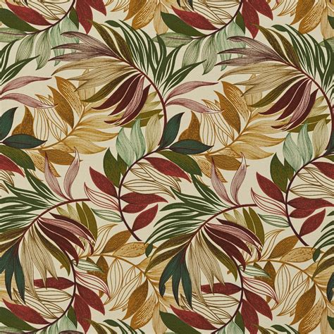 Burgundy Green And Coral Tropical Beach Oasis Leaf Themed Upholstery Fabric