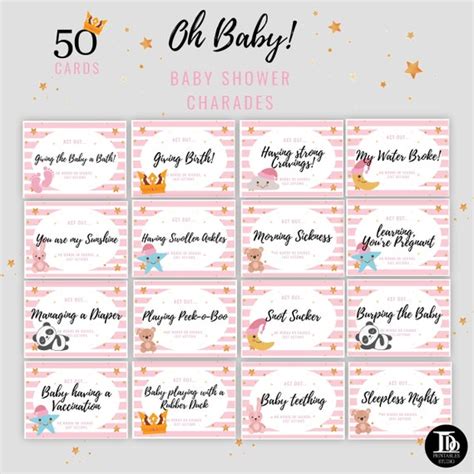 Oh Baby Pink Baby Shower Charade Cards Baby Shower Party Etsy