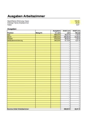Nachweis eigensicherheit vorlage excel / vorlage stromlaufplan excel. Excel-Tabelle Kosten Arbeitszimmer. Arbeitshilfe zur einfachen Berechnung der anteiligen Kosten ...