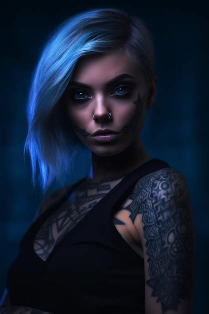 Premium Ai Image A Woman With Blue Hair And Tattoos