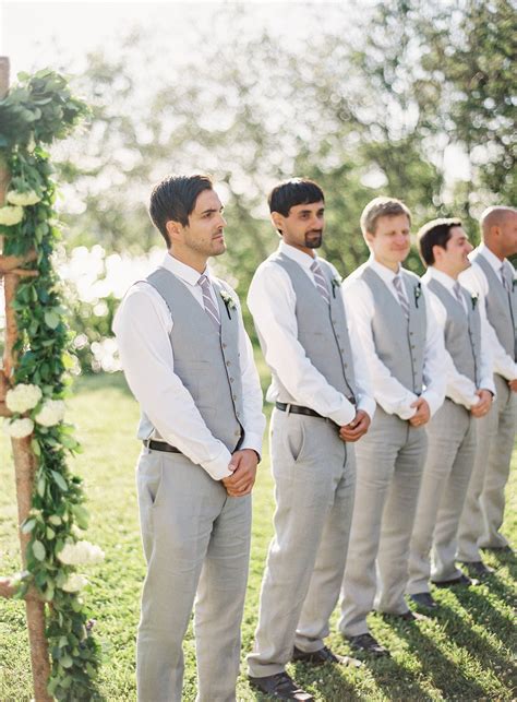 The Dapper Groomsmen Wore Gray Linen Pants And Vests Paired With Purple