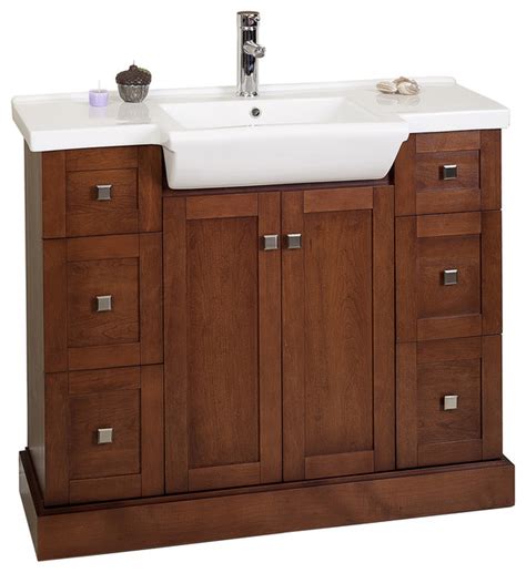 I have a cherry wood vanity top in the bathroom aroud the sink and it gets temporary white stains when water spills on it. Modern Birch Wood-Veneer Vanity Base Only, Cherry, 38"X14 ...