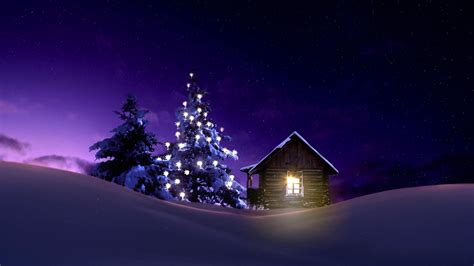 2048x1152 Resolution Christmas Lighted Tree Outside Winter Cabin