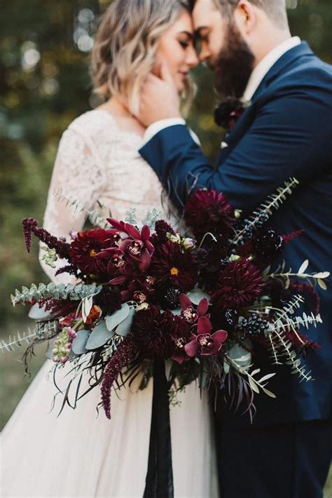 Jewel Tone Dark Red And Greenery Organic Wedding Bouquets Bohowedding