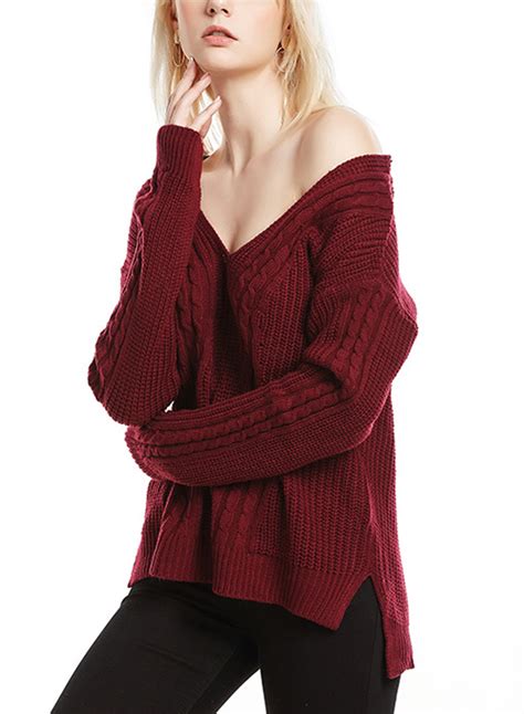 Burgundy Womnes V Neck Long Sleeve Loose Solid Color Pullover Sweater