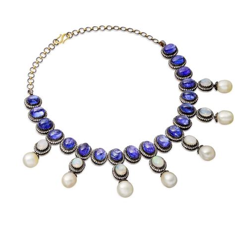 Amrapali Cabochon Tanzanite Necklace With Pearls And Opals