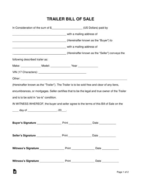 Free Trailer Bill Of Sale Form Word Pdf Eforms Free Fillable