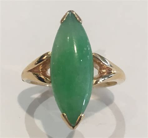 14k Yellow Gold Jade Ring Marquee Cabochon Natural Jade Size 575
