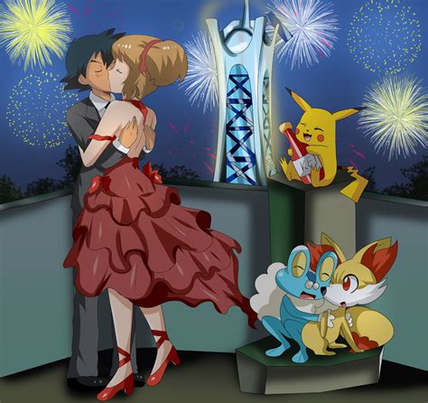 A Man And Woman Are Kissing In Front Of Fireworks With Pokemon Characters On The Background