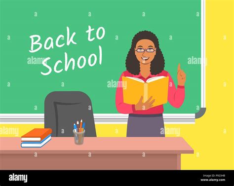 Teacher Black Woman Standing With Open Book At The Blackboard In