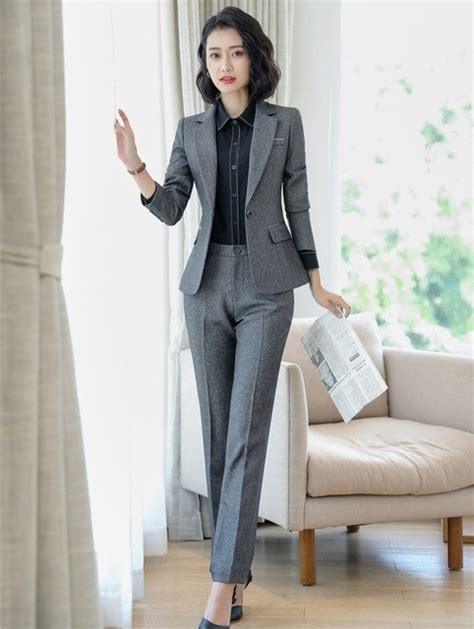 new 2019 formal grey blazer women business suits pant and jacket sets work wear ladies office