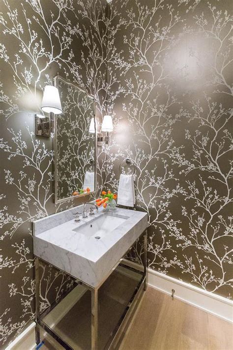 Gray Powder Room With Schumacher Twiggy Champagne Wallpaper